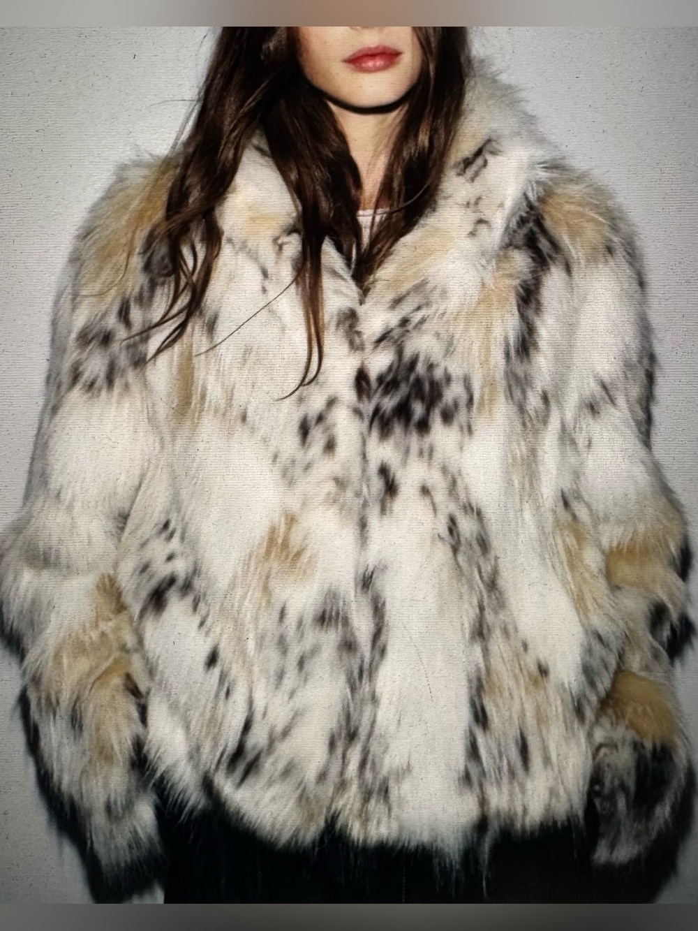 ZARA ZW COLLECTION Faux Fur Short Coat Snow Leopard White Black Ecru Small NWT